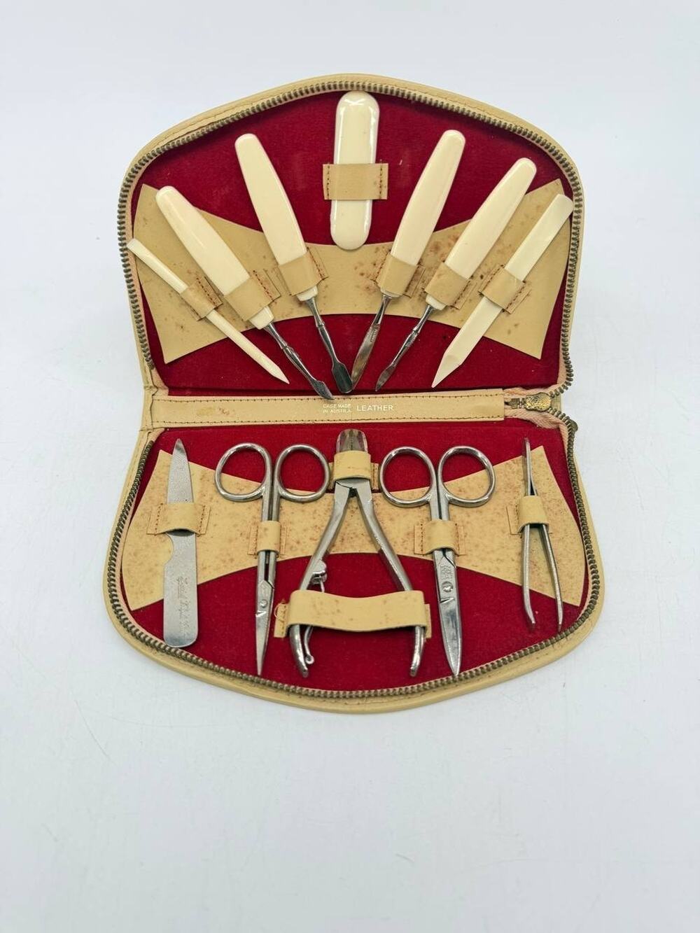 Vintage Leather Manicure Grooming Set Austria Case German Tools Zippered